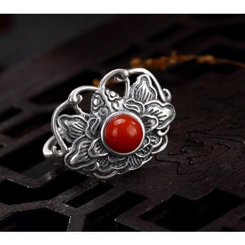 Hot silver S925 Sterling Silver Handmade matte made old peony inlaid red agate woman rings ring wholesale