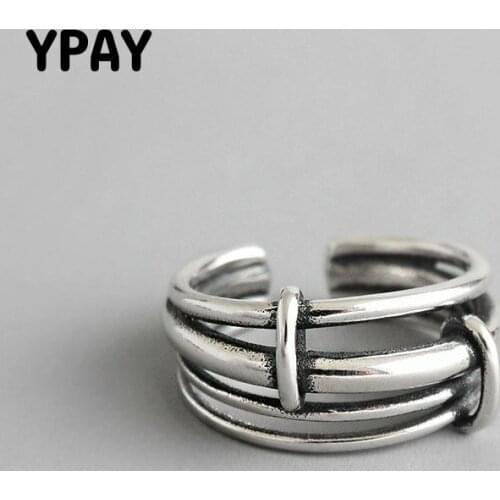 YPAY Pure 100% 925 Sterling Silver Adjustable Ring Vintage Personality Multilayer Irregular Open Rings Women Bague Femme YMR776