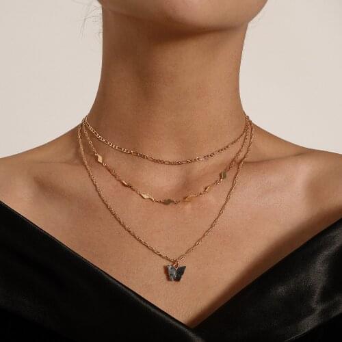 Black Acrylic Butterfly Pendant Necklace for Women Gold Silver Color Layered Necklaces Female 2021 Fashion Jewelry Simple New