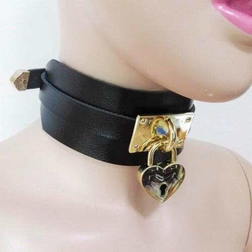 Women Harajuku handmade Black Leather punk Necklaces Golden Metal Choker sweet heart lock collar Goth Hot Dark Torques