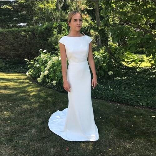 2019 New Simple Wedding Dresses Scoop Neck White Ivory Satin Bridal Gowns Elegant Cap Sleeves vestido de novia Bridal Dresses