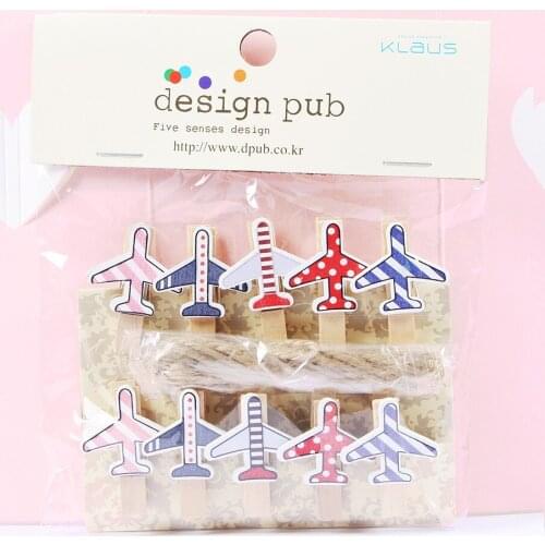 10 pcs/lot Cute Cartoon Airplane Wooden Clip Photo paper Clothespin Craft Clips Party Decoration Clip with Hemp Rope