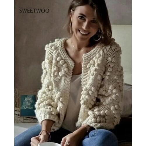 2021 Autumn and Winter New Womens Wool Ball Bat Needle Thick Line Loose and Thin Short Sweater Cardigan Jacket Women