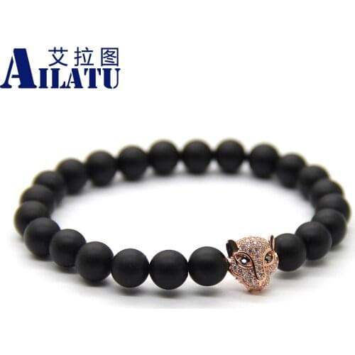 Ailatu 8mm Black Matte Stone Beads Micro Pave Cubic Zirconia Brass Leopard Fashion Jewelry Bracelet Animal Shape