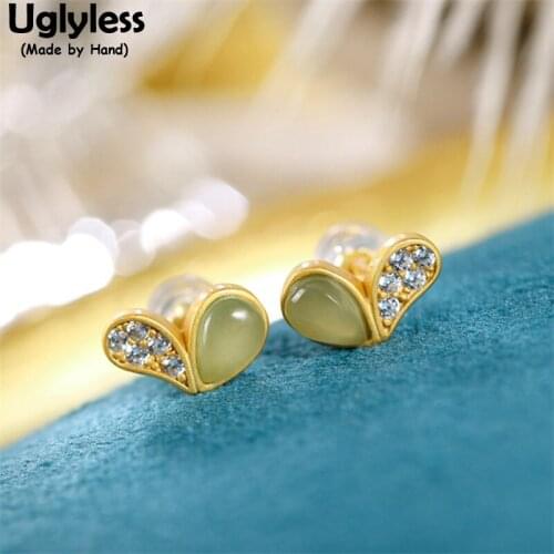 Uglyless Asymmetric Heart-shape Studs Earrings for Women Water Drop Jade Crystals MINI Earrings Gold 925 Silver Brincos Bijoux