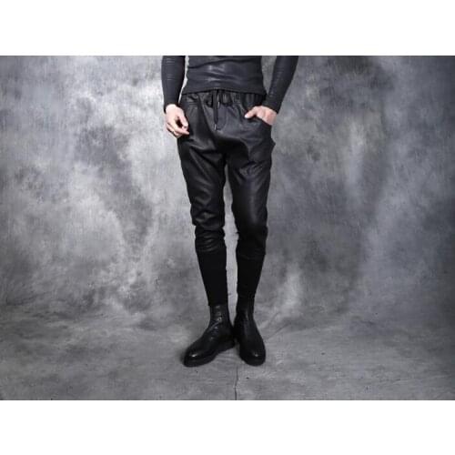 Spring autumn personality fashion mens pants leather harem pant men feet trousers pantalones hombre cargo pantalon homme black