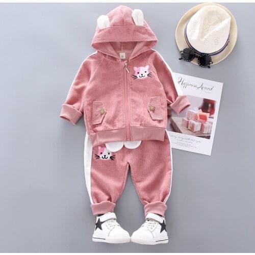 Baby girl clothes spring autumn corduroy cartoon cat cute cotton hooded 2-piece suit childrens clothes casual suits for girls