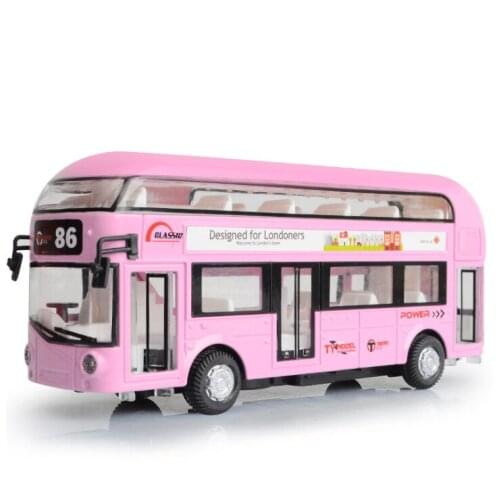 Simulation Alloy Bus Toy Car Acousto Optic Car Model Double Deck Bus Door Return Force Boy Birthday Present pink Bus