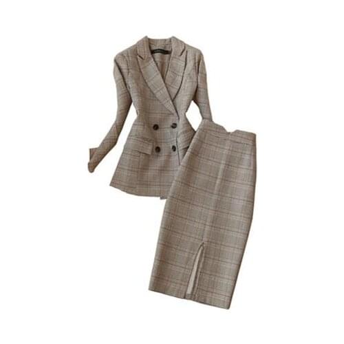 Fashion plaid suit female autumn and winter New high-quality casual plaid suit mid-length + skirt two-piece Sets women