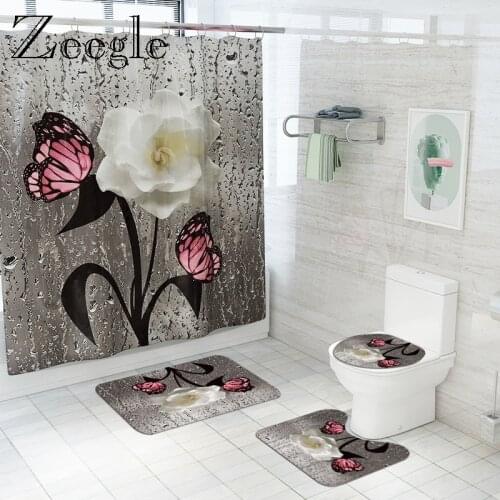 Modern Style Floral Bath Mat and Shower Curtain Set Washable Bathroom Floor Rug Microfiber Shower Room Carpet Anti Slip Foot Mat