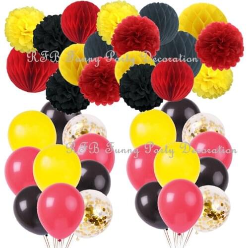 Red Yellow Black Color Party Decorations Paper Pom Poms Honeycomb Balls Paper Garland for Baby Shower Birthday Wedding