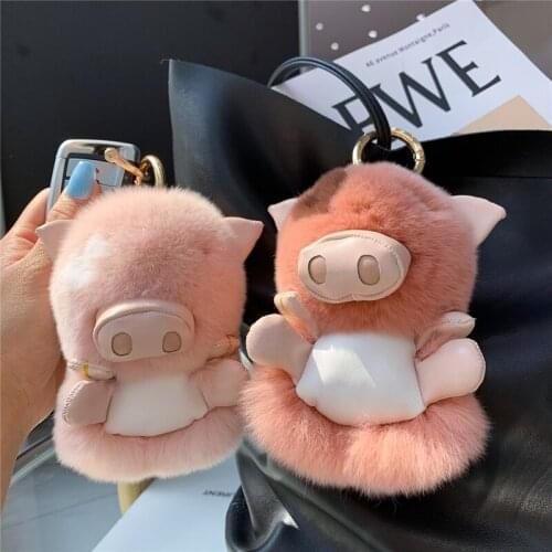 Soft Cute Small Pig Real Rex Rabbit Fur Pendant Ornaments Women Bag Charm Plush Doll Keychain Car Keyring Pompom Trinkets Gift