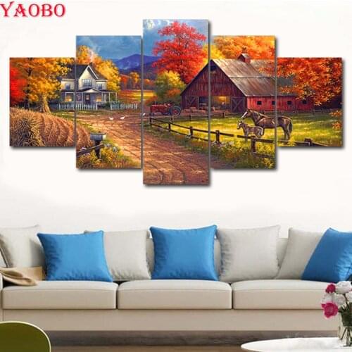 House/Horses/Farm landscape diamond Embroidery sale Multi-pictures mosaic diamond Painting for Living Room Home decor 5pcs set