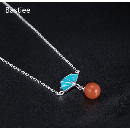 Bastiee 925 Sterling Silver Necklace Pendant Blue Fan Red Agate Luxury Jewelry For Women Ethnic Link Chain Jewellery