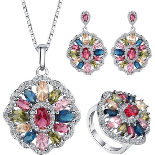 Luxury Multicolor Crystal Flower Chain Necklaces Rings Earrings Jewelry Sets Beautiful Women Wedding Engagement Accessories