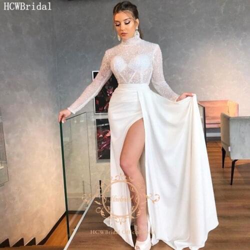 Sexy White Saudi Arabic Prom Dresses Long Sleeves High Slit Glitter Tulle See Through Girls Graduation Dress Plus Size Gowns