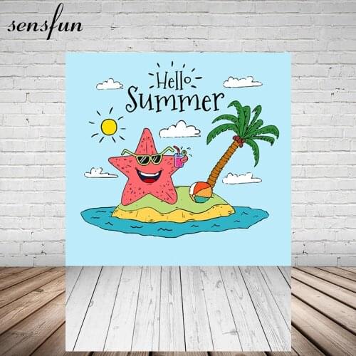 Sensfun Summer Party Photography Backdrop Sky Blue Sun Coconut Tree Sea Wood Floor Backgrounds For Photo Studio 5x7FT Vinyl