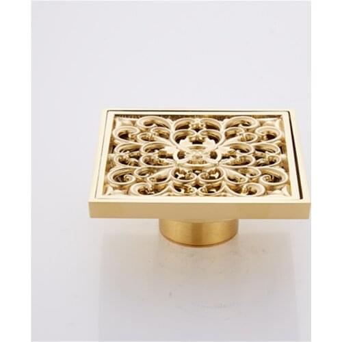 WZLY Floor Drains Euro Gold Brass Shower Floor Drain 10×10 Bathroom Home Deodorant Square Floor Drain Strainer Cover Grate Waste