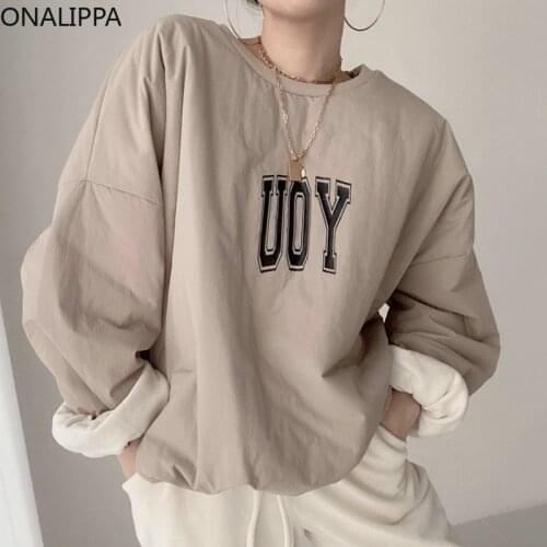 ONALIPPA Hoodies Female Ins Korean Autumn All-match Lazy Wind O Neck Pullover Letter Printing Loose Casual Sweatshirt Women Top