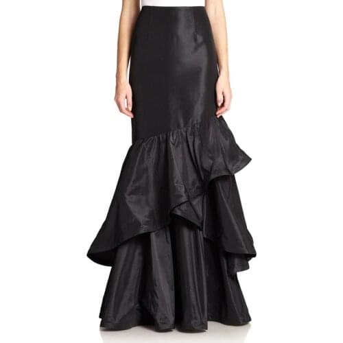 High Waist Black Taffeta Long Skirt Customized Fashion Ruffles Mermaid Skirts Womens Elegant Prom Party Saia Banquet Skirt