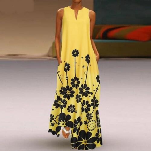 Womens Printed Sundress Bohemian Summer Maxi Dress Casual Sleeveless Female with Pockets V Neck Floral Robe Plus Size 5XL