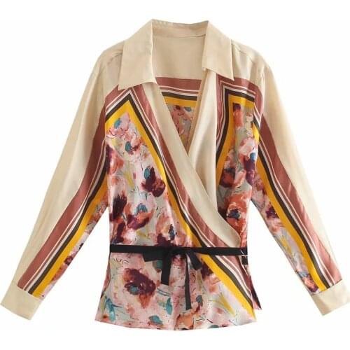 XIKOM Women Flower Print Elegant Long Sleeve Streetwear Belt Shirt Female Vintage Office Lady Casual Fashion V-Neck Chic Top