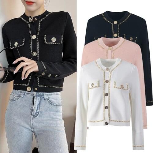 High Quality Women Tide Fashion O-Neck Metal Chain Long-Sleeved Single-Breasted Pink Cardigan Top Designer Chic Sweater New 2021