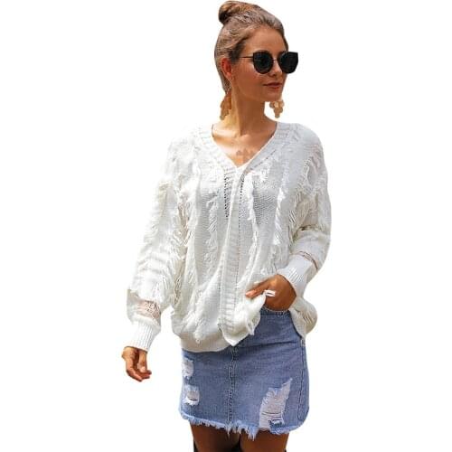 Autumn And Winter New Womens Pullover V-Neck Fringed Lace Stitching Loose Knit Sweater