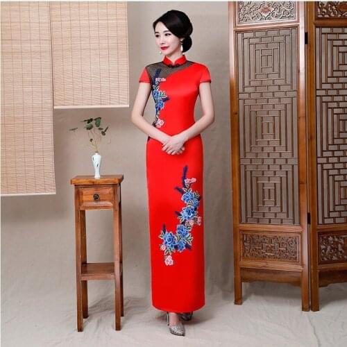 Womens summer long tunic gown chinese traditional dress Cheongsam mordern red blue flower pattern Chinese tang suit Qipao