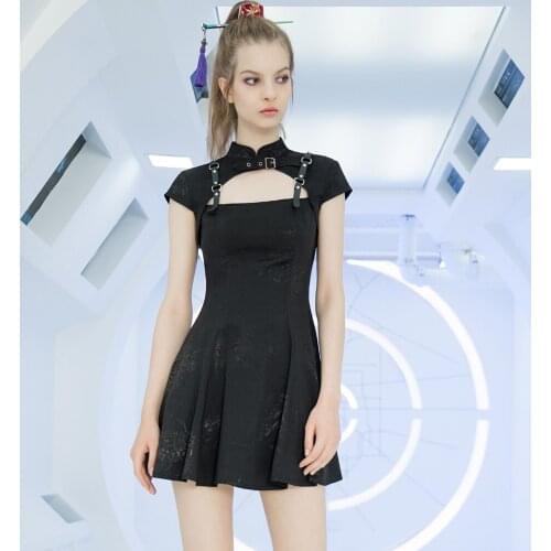 PUNKRAVE Womens Chinese Style Knight Series Hardcore Dresses Punk Polyester Jacquard Short Sleeve Half Dress
