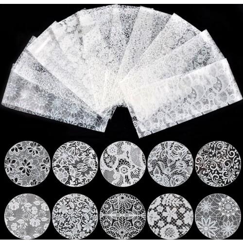 10Pcs/lot White Black Lace Nail Art Foils Set Floral Charm Nail Transfer Sticker Paper Manicure Nail Art Decoration Accessories