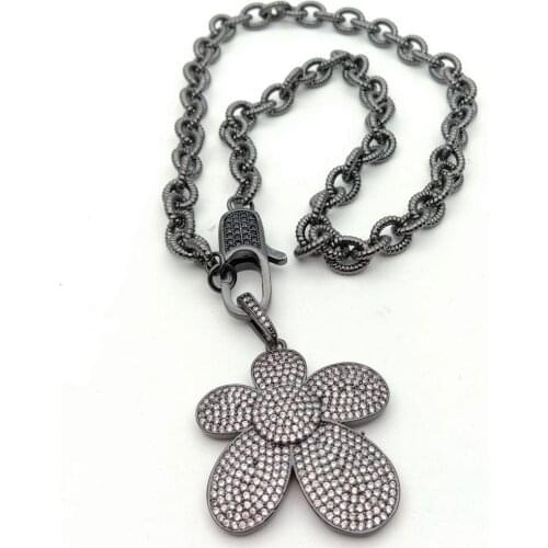 17'' Gunmetal color plated O- Chain Necklace 32x33MM Cubic Zirconia Pave Flower Charm Necklace for women Jewelry Gifts