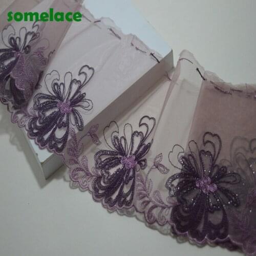 2Y/lot Translucent Gauze Fluorescent Purple Floral Embroidery Lace Trim with Design for Wedding Bridal and Garment Decoration