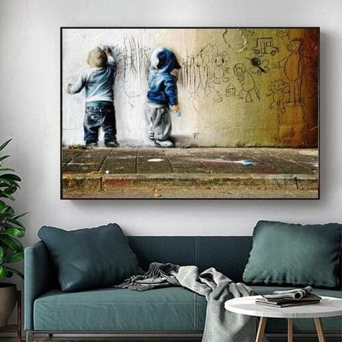 Abstract Banksy Graffiti Art Kids Boys Sparring Scrawl Art Poster and Print Canvas Printing Wall Art Pictures for Living Room