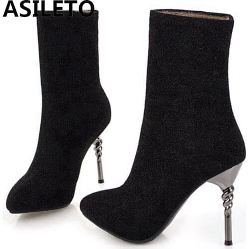 ASILETO 2021 Sexy High Heels Stiletto Ankle Short Boots Elastic Sock Glitter Fabric Party Pointed Toe Black Big Size 43 S2485
