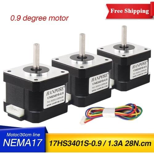 Free shipping 3pcs 17HS3401S 0.9 degree Nema 17 Stepper Motor 42 motor 42BYGH 1.3A for CE ROSH ISO CNC Laser and 3D printer
