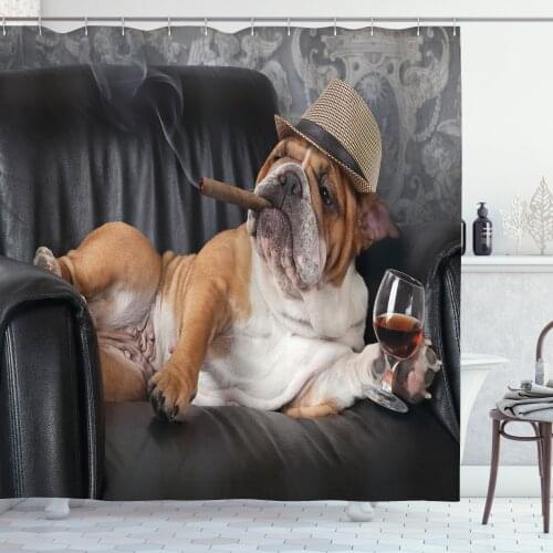 Boss English Bulldog Shower Curtain Set Smoke and Drink Wine Curtain for Bathroom Decor 12 Hooks Decorative Bath Accessory