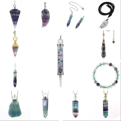 KFT Natural Fluorite Crystal Colorful Fluorite Stone Healing Crystal Quartz Beads Chakra Pendulum Pnedant Bracelet Necklace Ring