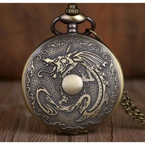 Antique Bronze Dragon Pattern Quartz Pocket Watch Vintage Pendant Necklace Men Women Clock Gifts Fob Watch
