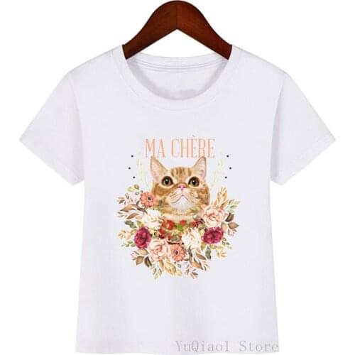 Ma chere flower cat print kids tshirt vintage childrens graphic tees clothes summer top baby boys girls t-shirt white tshirt