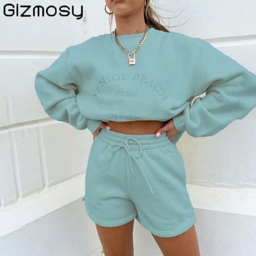 Gizmosy Casual Sports Autumn Two Piece Set Women O Neck Long Sleeve Embroidery Hoodies Drawstring High Waist Shorts Street