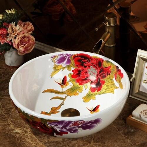 Ceramic sinks bowl bathroom basin hand wash bowls countertop ceramic wash basin peony pattern