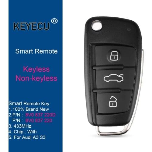 KEYECU 433MHz P/N: 8V0 837 220 D 8V0837220D / 8V0837220 Keyless Remote Car Key Fob for Audi A3 S3 2012 2013 2014 2015
