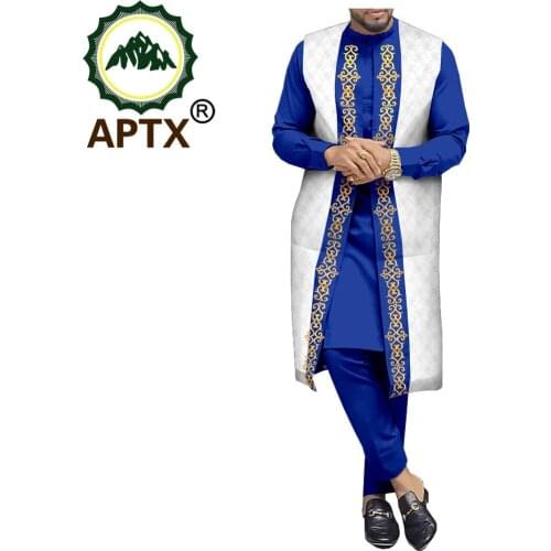 African Suit for Men Jacquard APTX 3 Pieces Solid Shirt& Pants + Jacquard Outfit High Quality Cotton T2016020