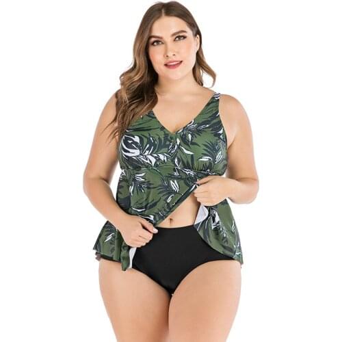 2020 retro printed tankini set big size 3xl two pieces swimming suits tree leaf swimwear skirt high waisted black bikini bottom