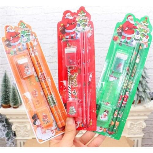 5Pcs/Pack Cute Christmas Stationery Set Pencil Ruler Earser Sharpener Pencil Case Stationery Set For School Girl Boy Gift