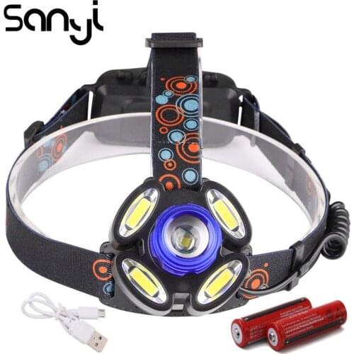 SANYI 1*T6+4*COB LED Headlight 4 Modes Flashlight Forehead Camping Light Lamp Zoomable Headlamp 2* 18650 Batteries