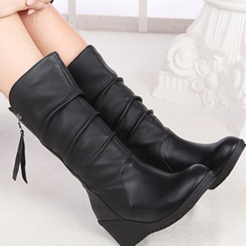 New fashion Woman Boots autumn Winter Shoes Wedges Boot Low Heels Boots Mid-Calf Women Black Booties Increasing Shoes
