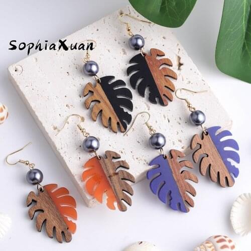 New Style Boho Wooden Leaf Dangle Earrings Oversize Hawaiian Big Earring Female Vintage Beach Jewelry For Women Gift 2021 trend