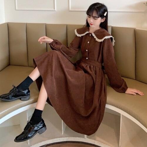 Japanese doll collar loose Lolita thin retro niche French corduroy long sleeve dress female autumn and winter new style